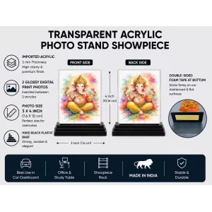 Hindu Deity Acrylic Car Dashboard Showpiece | Double-Sided Hindu Deity Photo Stand | 3 X 4 Inch Photo | Transparent Acrylic Frame With Black Base | Car Dashboard, Office & Table Decor (F70333)