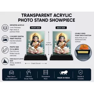 Hindu Deity Acrylic Car Dashboard Showpiece | Double-Sided Hindu Deity Photo Stand | 3 X 4 Inch Photo | Transparent Acrylic Frame With Black Base | Car Dashboard, Office & Table Decor (F70334)