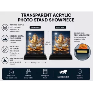 Hindu Deity Acrylic Car Dashboard Showpiece | Double-Sided Hindu Deity Photo Stand | 3 X 4 Inch Photo | Transparent Acrylic Frame With Black Base | Car Dashboard, Office & Table Decor (F70344)