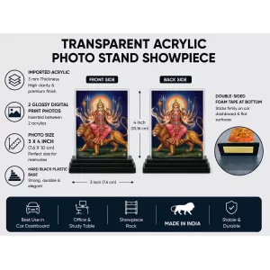 Durga Maa Acrylic Car Dashboard Showpiece | Double-Sided Durga Maa Photo Stand | 3 X 4 Inch Photo | Transparent Acrylic Frame With Black Base | Car Dashboard, Office & Table Decor (F70346)
