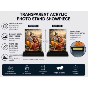 Radha Krishna Acrylic Car Dashboard Showpiece | Double-Sided Radha Krishna Photo Stand | 3 X 4 Inch Photo | Transparent Acrylic Frame With Black Base | Car Dashboard, Office & Table Decor (F70352)