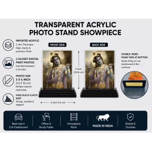 Hindu Deity Acrylic Car Dashboard Showpiece | Double-Sided Hindu Deity Photo Stand | 3 X 4 Inch Photo | Transparent Acrylic Frame With Black Base | Car Dashboard, Office & Table Decor (F70360)