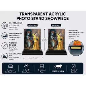 Radha Krishna Acrylic Car Dashboard Showpiece | Double-Sided Radha Krishna Photo Stand | 3 X 4 Inch Photo | Transparent Acrylic Frame With Black Base | Car Dashboard, Office & Table Decor (F70371)