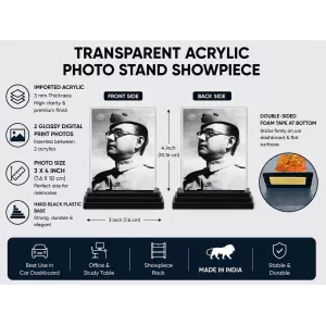 Netaji Acrylic Car Dashboard Showpiece | Double-Sided Netaji Photo Stand | 3 X 4 Inch Photo | Transparent Acrylic Frame With Black Base | Car Dashboard, Office & Table Decor (F70374) Netaji Acrylic Car Dashboard Showpiece | Double-Sided Netaji Photo Stand | 3 X 4 Inch Photo | Transparent Acrylic Frame With Black Base | Car Dashboard, Office & Table Decor (F70374)