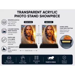 AI Devotional Art Acrylic Car Dashboard Showpiece | Double-Sided AI Devotional Art Photo Stand | 3 X 4 Inch Photo | Transparent Acrylic Frame With Black Base | Car Dashboard, Office & Table Decor (F70396)