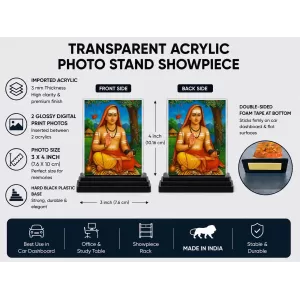 Acharya Kundakunda Acrylic Car Dashboard Showpiece | Double-Sided Acharya Kundakunda Photo Stand | 3 X 4 Inch Photo | Transparent Acrylic Frame With Black Base | Car Dashboard, Office & Table Decor (F70423)