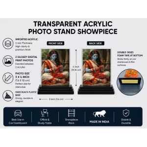 Hindu Deity Acrylic Car Dashboard Showpiece | Double-Sided Hindu Deity Photo Stand | 3 X 4 Inch Photo | Transparent Acrylic Frame With Black Base | Car Dashboard, Office & Table Decor (F70425)