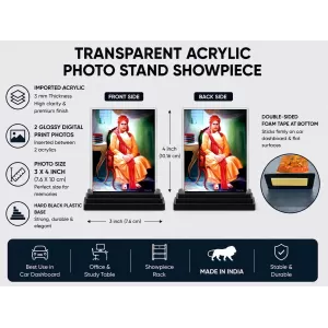 Saraswati Acrylic Car Dashboard Showpiece | Double-Sided Saraswati Photo Stand | 3 X 4 Inch Photo | Transparent Acrylic Frame With Black Base | Car Dashboard, Office & Table Decor (F70429)