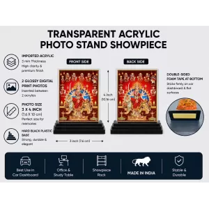 Durga Maa Acrylic Car Dashboard Showpiece | Double-Sided Durga Maa Photo Stand | 3 X 4 Inch Photo | Transparent Acrylic Frame With Black Base | Car Dashboard, Office & Table Decor (F70431)