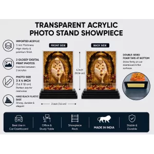 Sai Baba Acrylic Car Dashboard Showpiece | Double-Sided Sai Baba Photo Stand | 3 X 4 Inch Photo | Transparent Acrylic Frame With Black Base | Car Dashboard, Office & Table Decor (F70434)