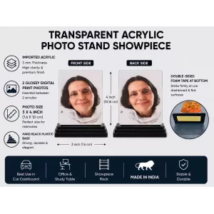 Maa Anandamoyee Acrylic Car Dashboard Showpiece | Double-Sided Maa Anandamoyee Photo Stand | 3 X 4 Inch Photo | Transparent Acrylic Frame With Black Base | Car Dashboard, Office & Table Decor (F70447)