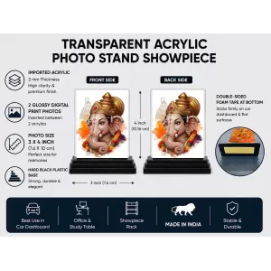 Lord Ganesha Acrylic Car Dashboard Showpiece | Double-Sided Lord Ganesha Photo Stand | 3 X 4 Inch Photo | Transparent Acrylic Frame With Black Base | Car Dashboard, Office & Table Decor (F70471)