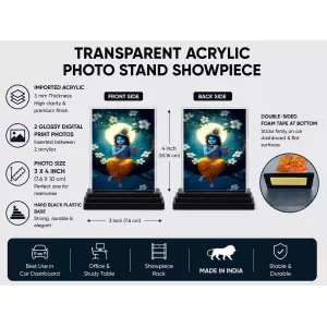 Hindu Deity Acrylic Car Dashboard Showpiece | Double-Sided Hindu Deity Photo Stand | 3 X 4 Inch Photo | Transparent Acrylic Frame With Black Base | Car Dashboard, Office & Table Decor (F70474)