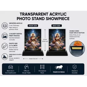 Hindu Deity Acrylic Car Dashboard Showpiece | Double-Sided Hindu Deity Photo Stand | 3 X 4 Inch Photo | Transparent Acrylic Frame With Black Base | Car Dashboard, Office & Table Decor (F70490)