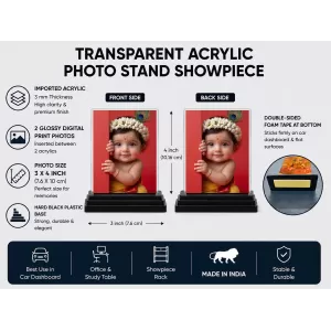 Hindu Deity Acrylic Car Dashboard Showpiece | Double-Sided Hindu Deity Photo Stand | 3 X 4 Inch Photo | Transparent Acrylic Frame With Black Base | Car Dashboard, Office & Table Decor (F70499)