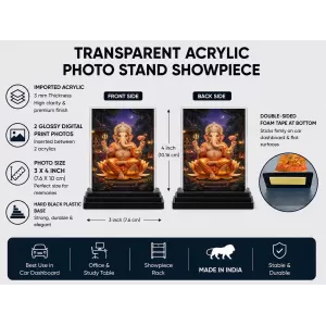 Lord Ganesha Acrylic Car Dashboard Showpiece | Double-Sided Lord Ganesha Photo Stand | 3 X 4 Inch Photo | Transparent Acrylic Frame With Black Base | Car Dashboard, Office & Table Decor (F70512)