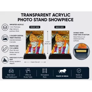 Sai Baba Of Shirdi Acrylic Car Dashboard Showpiece | Double-Sided Sai Baba Of Shirdi Photo Stand | 3 X 4 Inch Photo | Transparent Acrylic Frame With Black Base | Car Dashboard, Office & Table Decor (F70517)