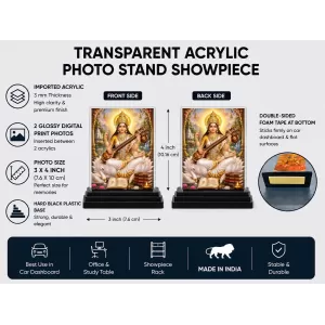 Saraswati Acrylic Car Dashboard Showpiece | Double-Sided Saraswati Photo Stand | 3 X 4 Inch Photo | Transparent Acrylic Frame With Black Base | Car Dashboard, Office & Table Decor (F70536)