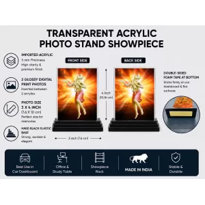 Chaitanya Mahaprabhu Acrylic Car Dashboard Showpiece | Double-Sided Chaitanya Mahaprabhu Photo Stand | 3 X 4 Inch Photo | Transparent Acrylic Frame With Black Base | Car Dashboard, Office & Table Decor (F70554)