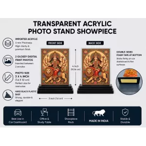 Durga Maa Acrylic Car Dashboard Showpiece | Double-Sided Durga Maa Photo Stand | 3 X 4 Inch Photo | Transparent Acrylic Frame With Black Base | Car Dashboard, Office & Table Decor (F70556)
