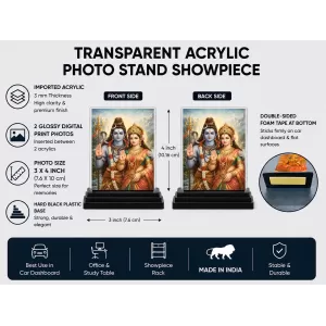 Hindu Goddess Acrylic Car Dashboard Showpiece | Double-Sided Hindu Goddess Photo Stand | 3 X 4 Inch Photo | Transparent Acrylic Frame With Black Base | Car Dashboard, Office & Table Decor (F70558)
