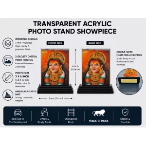 Hindu Deity Acrylic Car Dashboard Showpiece | Double-Sided Hindu Deity Photo Stand | 3 X 4 Inch Photo | Transparent Acrylic Frame With Black Base | Car Dashboard, Office & Table Decor (F70561)