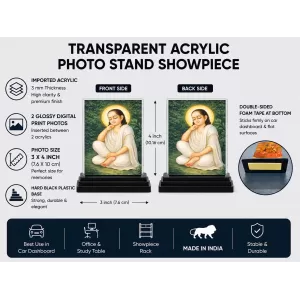 Chaitanya Mahaprabhu Acrylic Car Dashboard Showpiece | Double-Sided Chaitanya Mahaprabhu Photo Stand | 3 X 4 Inch Photo | Transparent Acrylic Frame With Black Base | Car Dashboard, Office & Table Decor (F70566)