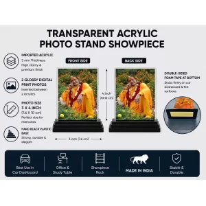 Jagadguru Kripalu Maharaj Acrylic Car Dashboard Showpiece | Double-Sided Jagadguru Kripalu Maharaj Photo Stand | 3 X 4 Inch Photo | Transparent Acrylic Frame With Black Base | Car Dashboard, Office & Table Decor (F70567)