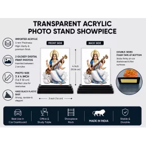 Saraswati Acrylic Car Dashboard Showpiece | Double-Sided Saraswati Photo Stand | 3 X 4 Inch Photo | Transparent Acrylic Frame With Black Base | Car Dashboard, Office & Table Decor (F70576)