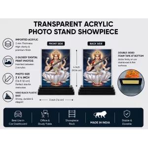 Durga Maa Acrylic Car Dashboard Showpiece | Double-Sided Durga Maa Photo Stand | 3 X 4 Inch Photo | Transparent Acrylic Frame With Black Base | Car Dashboard, Office & Table Decor (F70584)