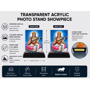 Saraswati Acrylic Car Dashboard Showpiece | Double-Sided Saraswati Photo Stand | 3 X 4 Inch Photo | Transparent Acrylic Frame With Black Base | Car Dashboard, Office & Table Decor (F70593)