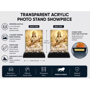 Saraswati Acrylic Car Dashboard Showpiece | Double-Sided Saraswati Photo Stand | 3 X 4 Inch Photo | Transparent Acrylic Frame With Black Base | Car Dashboard, Office & Table Decor (F70606)