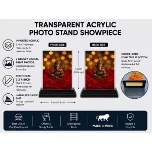 Hindu Deity Acrylic Car Dashboard Showpiece | Double-Sided Hindu Deity Photo Stand | 3 X 4 Inch Photo | Transparent Acrylic Frame With Black Base | Car Dashboard, Office & Table Decor (F70611)