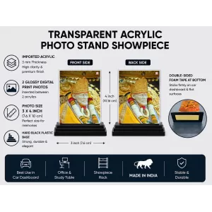 Sai Baba Of Shirdi Acrylic Car Dashboard Showpiece | Double-Sided Sai Baba Of Shirdi Photo Stand | 3 X 4 Inch Photo | Transparent Acrylic Frame With Black Base | Car Dashboard, Office & Table Decor (F70629)