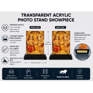 Lord Ganesha Acrylic Car Dashboard Showpiece | Double-Sided Lord Ganesha Photo Stand | 3 X 4 Inch Photo | Transparent Acrylic Frame With Black Base | Car Dashboard, Office & Table Decor (F70635)