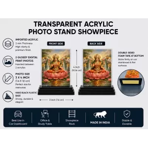 Hindu Goddess Acrylic Car Dashboard Showpiece | Double-Sided Hindu Goddess Photo Stand | 3 X 4 Inch Photo | Transparent Acrylic Frame With Black Base | Car Dashboard, Office & Table Decor (F70643)