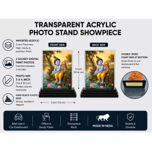 Hindu Deity Acrylic Car Dashboard Showpiece | Double-Sided Hindu Deity Photo Stand | 3 X 4 Inch Photo | Transparent Acrylic Frame With Black Base | Car Dashboard, Office & Table Decor (F70644)