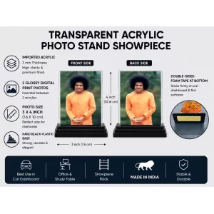 Sathya Sai Baba Acrylic Car Dashboard Showpiece | Double-Sided Sathya Sai Baba Photo Stand | 3 X 4 Inch Photo | Transparent Acrylic Frame With Black Base | Car Dashboard, Office & Table Decor (F70647)