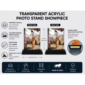 Hindu Deity Acrylic Car Dashboard Showpiece | Double-Sided Hindu Deity Photo Stand | 3 X 4 Inch Photo | Transparent Acrylic Frame With Black Base | Car Dashboard, Office & Table Decor (F70691)