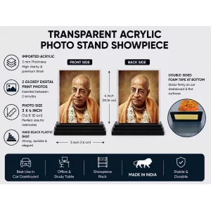 A.C. Bhaktivedanta Swami Prabhupada Acrylic Car Dashboard Showpiece | Double-Sided A.C. Bhaktivedanta Swami Prabhupada Photo Stand | 3 X 4 Inch Photo | Transparent Acrylic Frame With Black Base | Car Dashboard, Office & Table Decor (F70692)