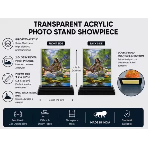 Saraswati Acrylic Car Dashboard Showpiece | Double-Sided Saraswati Photo Stand | 3 X 4 Inch Photo | Transparent Acrylic Frame With Black Base | Car Dashboard, Office & Table Decor (F70709)