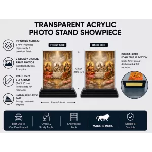 Hindu Goddess Acrylic Car Dashboard Showpiece | Double-Sided Hindu Goddess Photo Stand | 3 X 4 Inch Photo | Transparent Acrylic Frame With Black Base | Car Dashboard, Office & Table Decor (F70724)