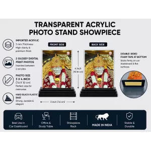 Sai Baba Of Shirdi Acrylic Car Dashboard Showpiece | Double-Sided Sai Baba Of Shirdi Photo Stand | 3 X 4 Inch Photo | Transparent Acrylic Frame With Black Base | Car Dashboard, Office & Table Decor (F70727)