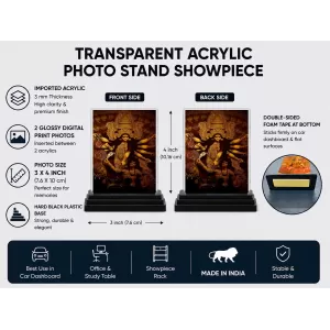 Hindu Goddess Acrylic Car Dashboard Showpiece | Double-Sided Hindu Goddess Photo Stand | 3 X 4 Inch Photo | Transparent Acrylic Frame With Black Base | Car Dashboard, Office & Table Decor (F70757)