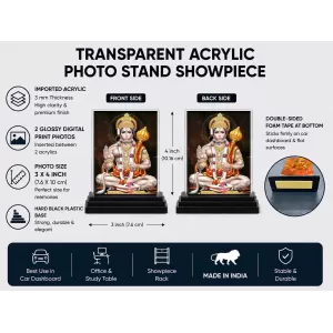 Hanuman Acrylic Car Dashboard Showpiece | Double-Sided Hanuman Photo Stand | 3 X 4 Inch Photo | Transparent Acrylic Frame With Black Base | Car Dashboard, Office & Table Decor (F70761)