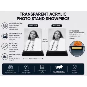 Anandamayi Ma Acrylic Car Dashboard Showpiece | Double-Sided Anandamayi Ma Photo Stand | 3 X 4 Inch Photo | Transparent Acrylic Frame With Black Base | Car Dashboard, Office & Table Decor (F70765)