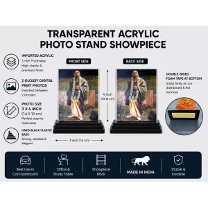 A.C. Bhaktivedanta Swami Prabhupada Acrylic Car Dashboard Showpiece | Double-Sided A.C. Bhaktivedanta Swami Prabhupada Photo Stand | 3 X 4 Inch Photo | Transparent Acrylic Frame With Black Base | Car Dashboard, Office & Table Decor (F70782)