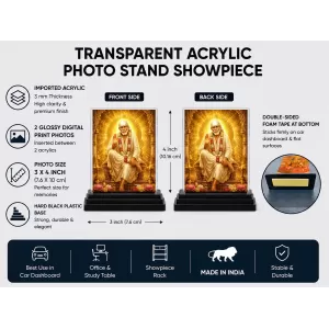 Sai Baba Of Shirdi Acrylic Car Dashboard Showpiece | Double-Sided Sai Baba Of Shirdi Photo Stand | 3 X 4 Inch Photo | Transparent Acrylic Frame With Black Base | Car Dashboard, Office & Table Decor (F70800)