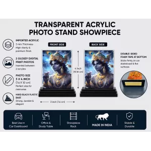 Radha Krishna Acrylic Car Dashboard Showpiece | Double-Sided Radha Krishna Photo Stand | 3 X 4 Inch Photo | Transparent Acrylic Frame With Black Base | Car Dashboard, Office & Table Decor (F70807)