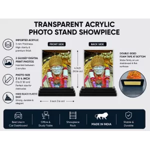 Sai Baba Acrylic Car Dashboard Showpiece | Double-Sided Sai Baba Photo Stand | 3 X 4 Inch Photo | Transparent Acrylic Frame With Black Base | Car Dashboard, Office & Table Decor (F70812)